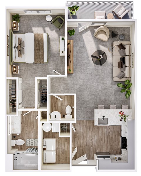 A top-down view of a modern, minimalist apartment layout.